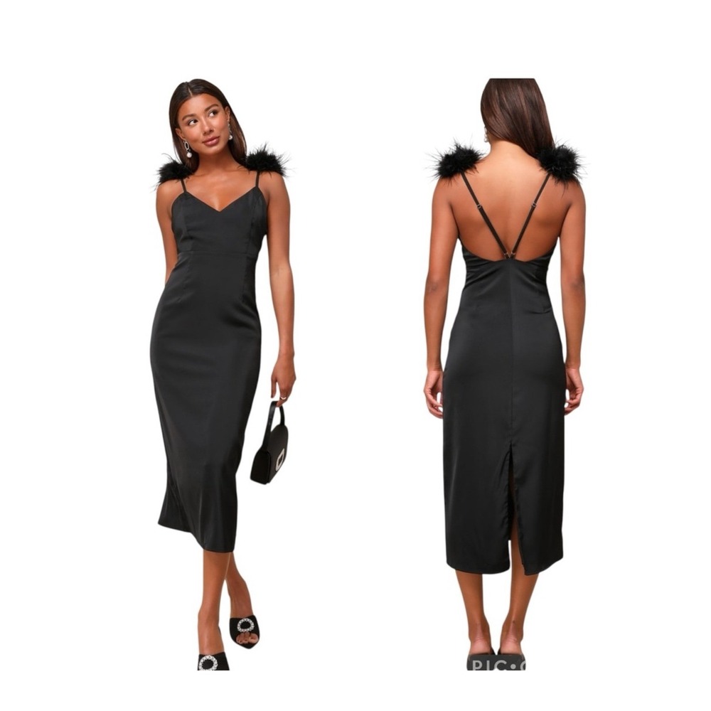 Lulus Exquisite Invite Black Satin Feather Backless Midi Dress - Size M‎